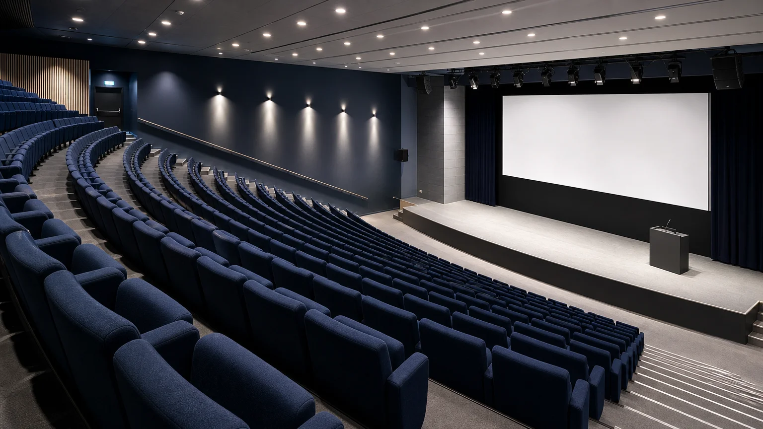 Auditorium moderne aux fauteuils bleu nuit inclinés vus de côté