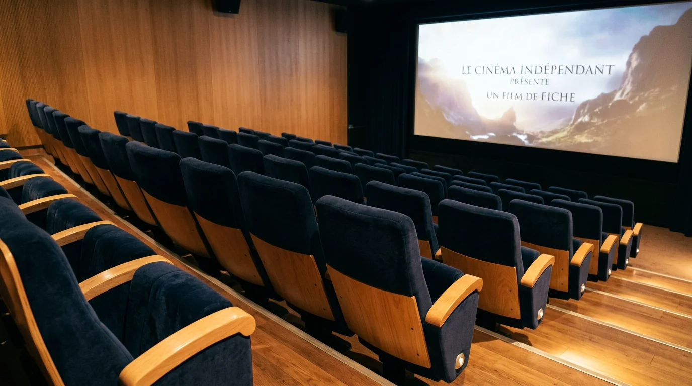 Rangées de fauteuils bleu nuit inclinés face à l'écran dans une salle de cinéma indépendante
