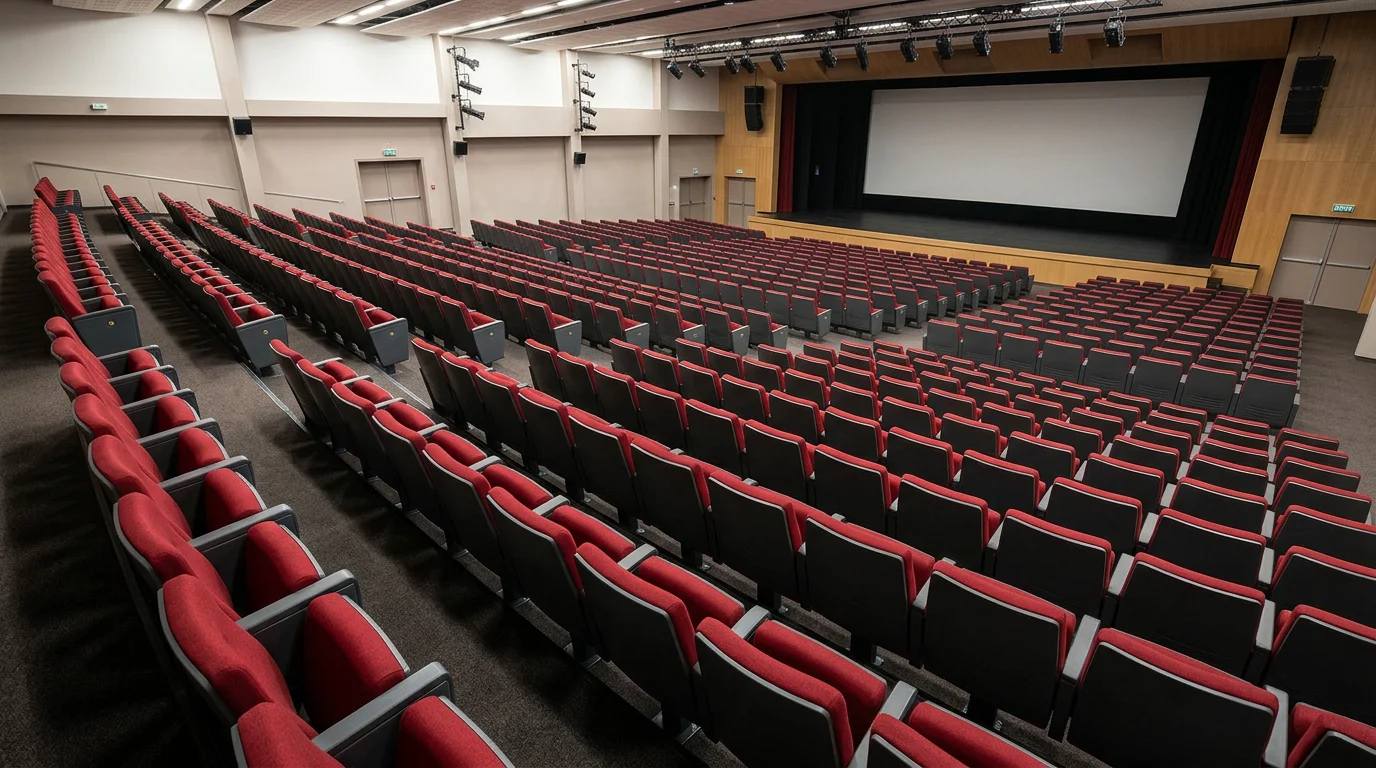 Vue en plongée sur des fauteuils rouges en gradins dans un auditorium orienté vers l'écran