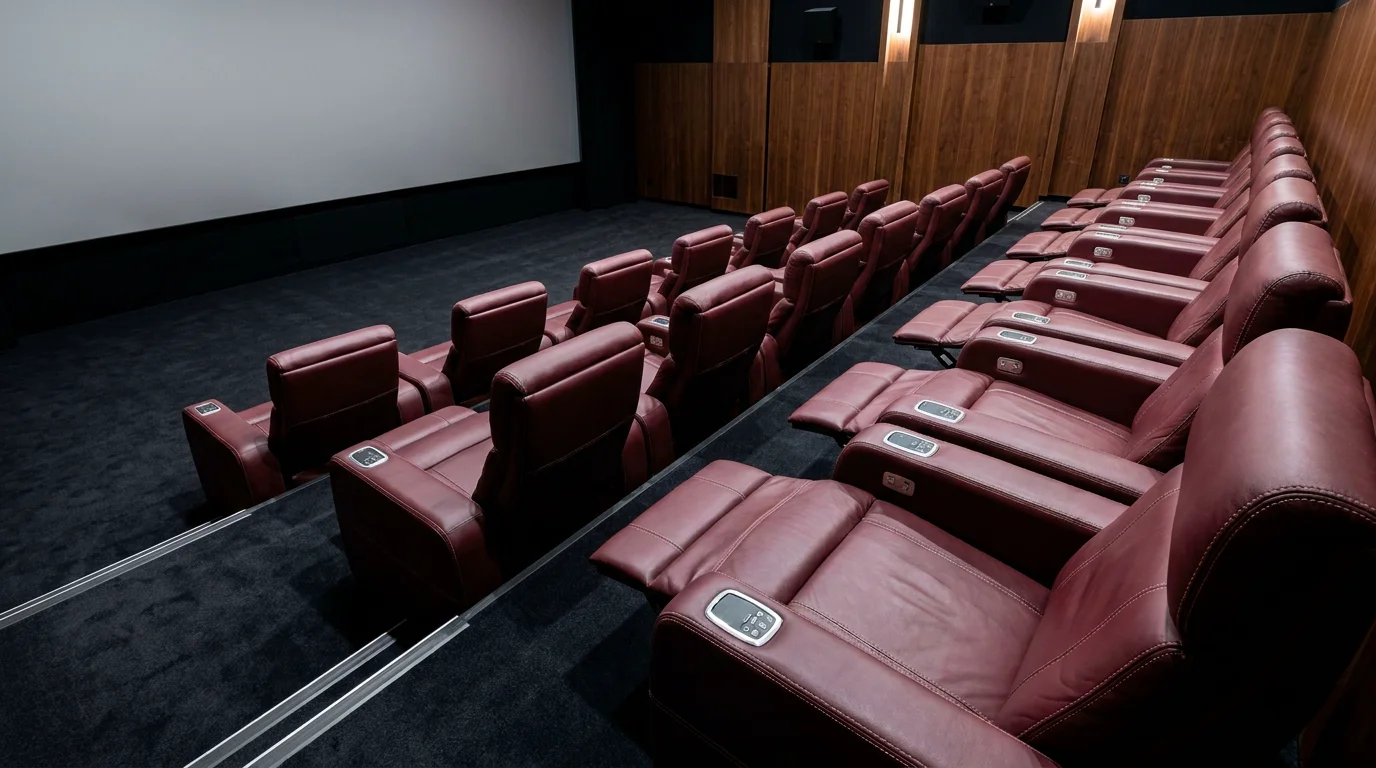 Rangées de fauteuils de cinéma électriques bordeaux en gradins dans une salle professionnelle