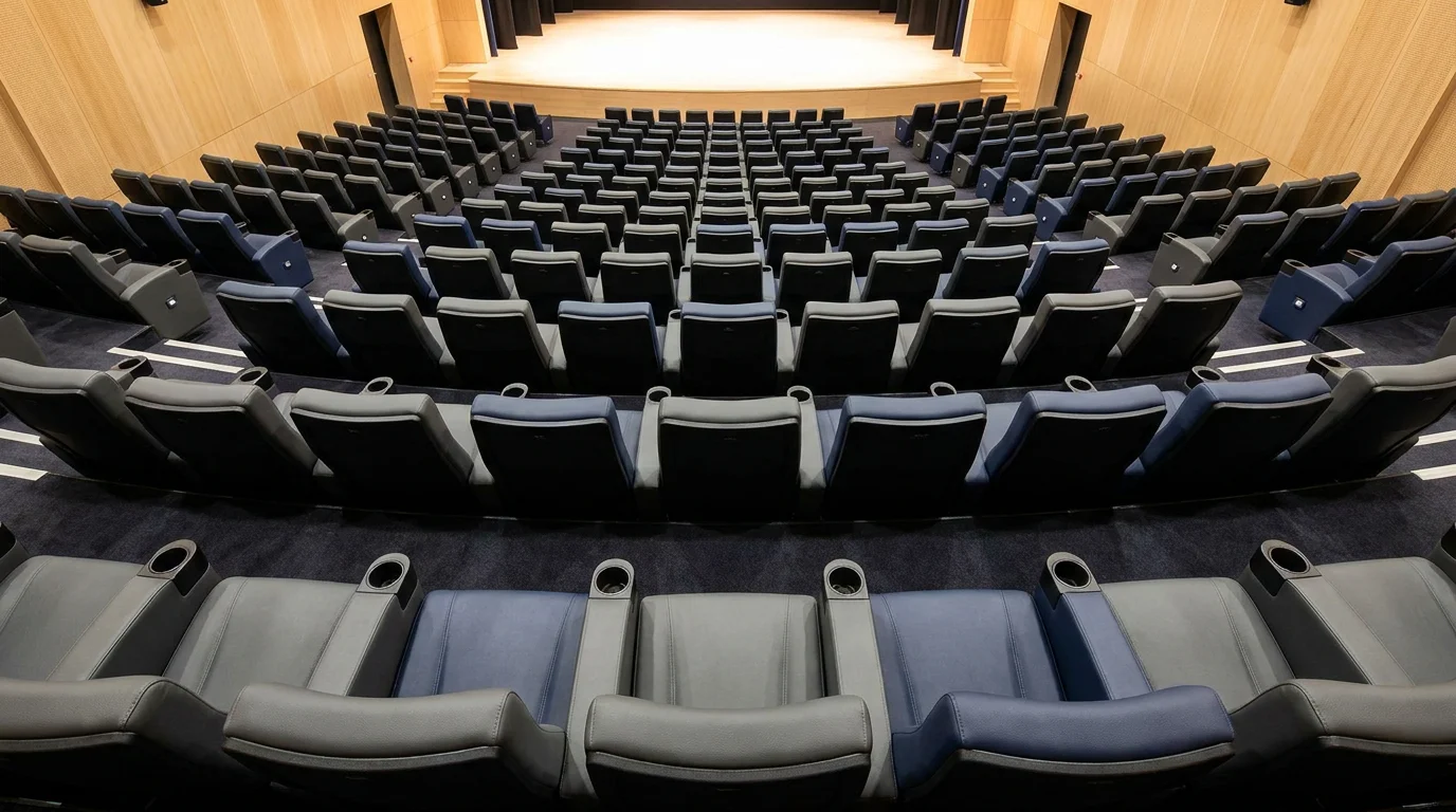 Auditorium avec fauteuils électriques gris et bleu disposés en arc de cercle face à une scène