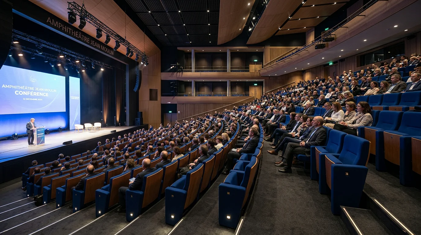 Rangées de fauteuils bleu nuit avec tablette dans un auditorium vu de côté