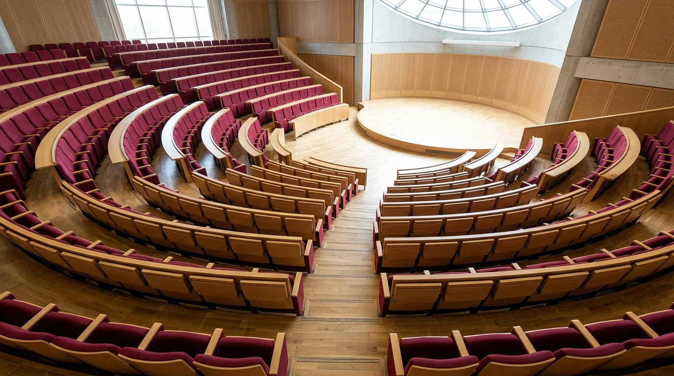 Amphithéâtre en gradins avec fauteuils bordeaux et bois vus en plongée