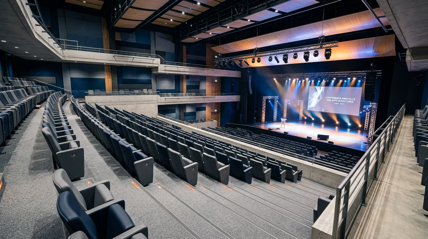 Auditorium d'un centre de congrès avec fauteuils bleu nuit en gradins face à la scène
