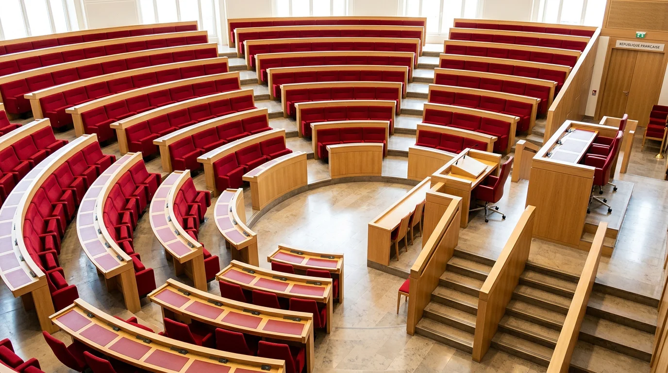 Hémicycle en plongée avec fauteuils rouges disposés en gradins autour d'une tribune