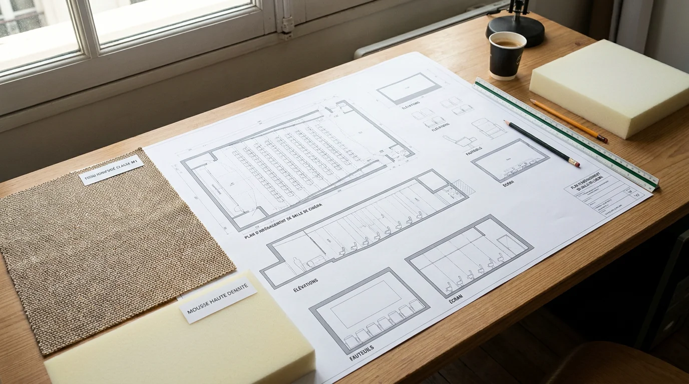Plan d'aménagement de salle de cinéma avec échantillons de matériaux pour fauteuils
