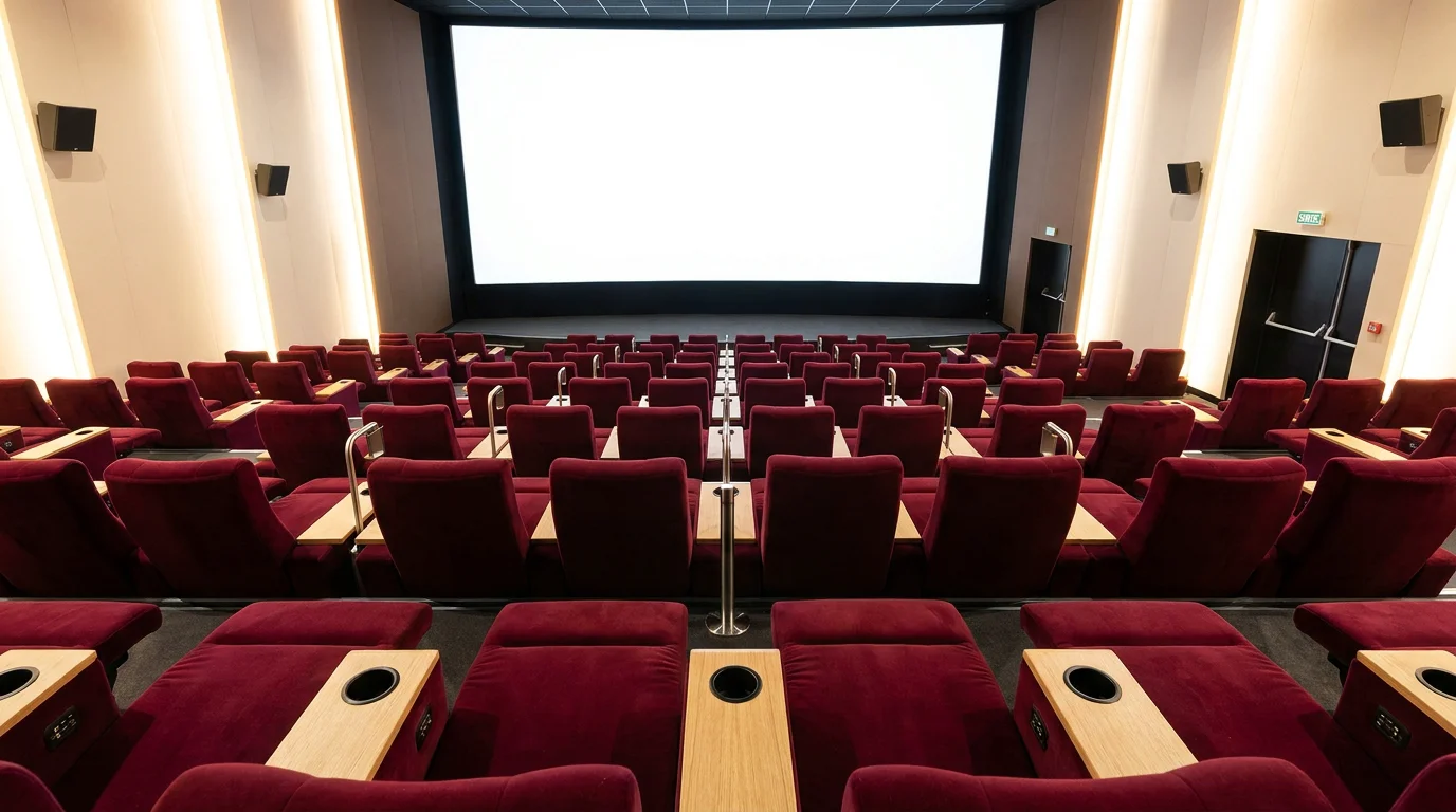 Rangées de fauteuils de cinéma premium bordeaux en gradins dans un auditorium moderne