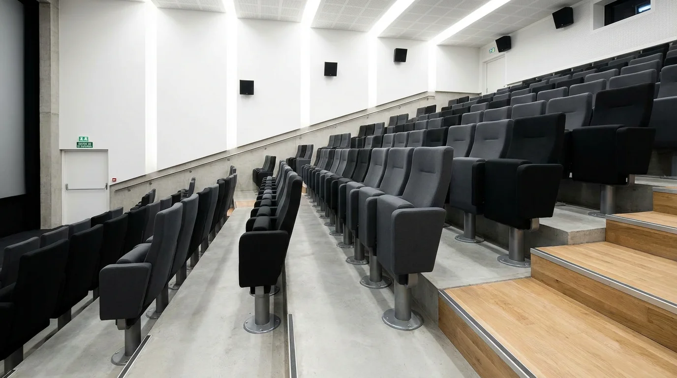 Vue latérale de fauteuils de cinéma gris anthracite avec piètement central en salle de cinéma