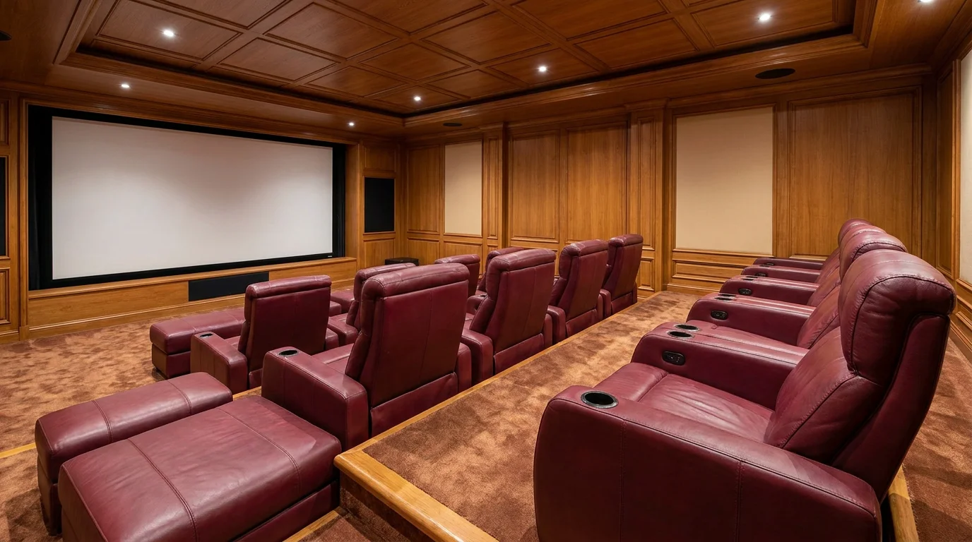 Rangée de fauteuils bordeaux en cuir dans une salle de cinéma privée en gradins