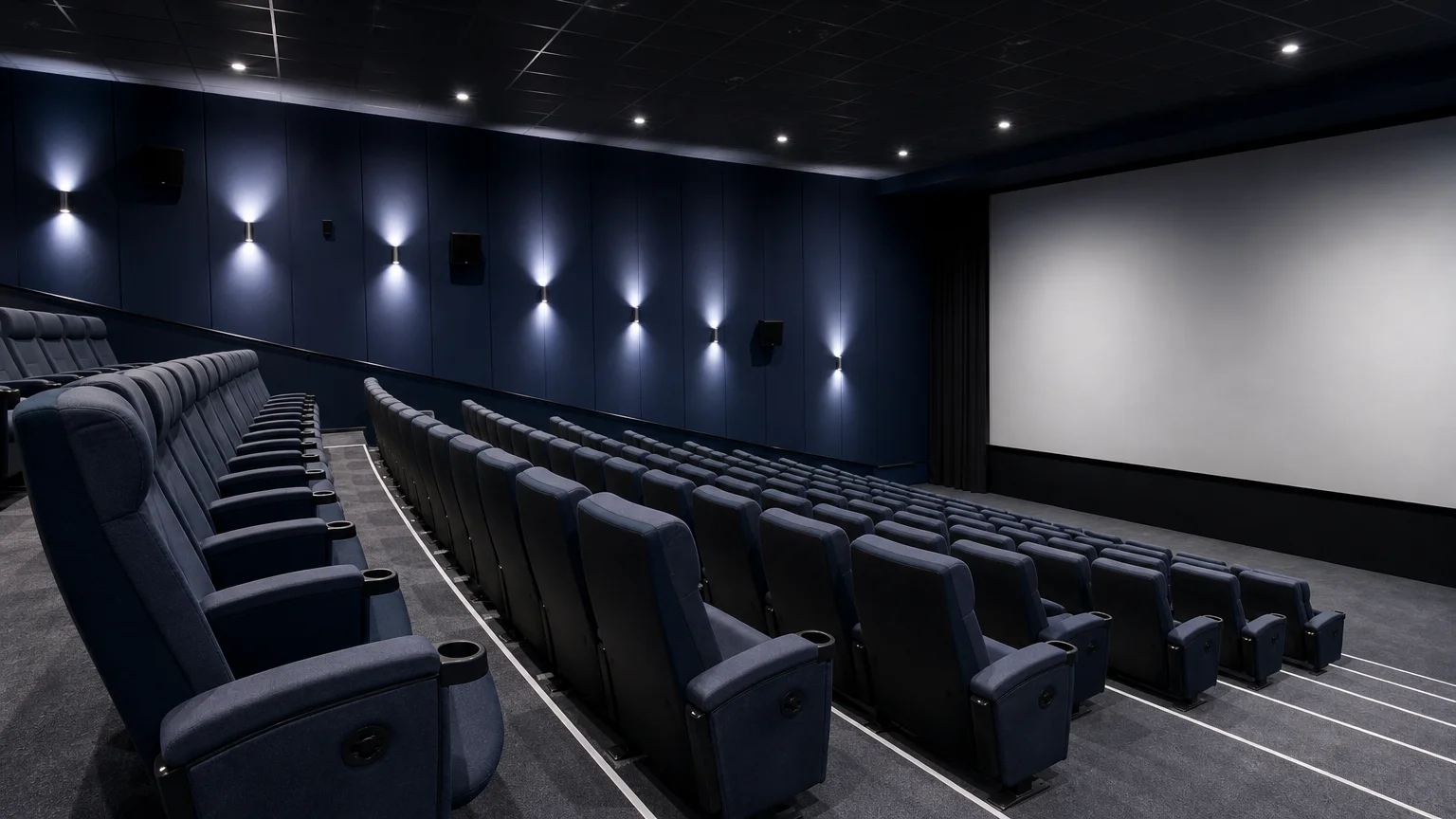 Vue latérale de fauteuils bleu nuit en gradins dans une salle de cinéma face à un écran