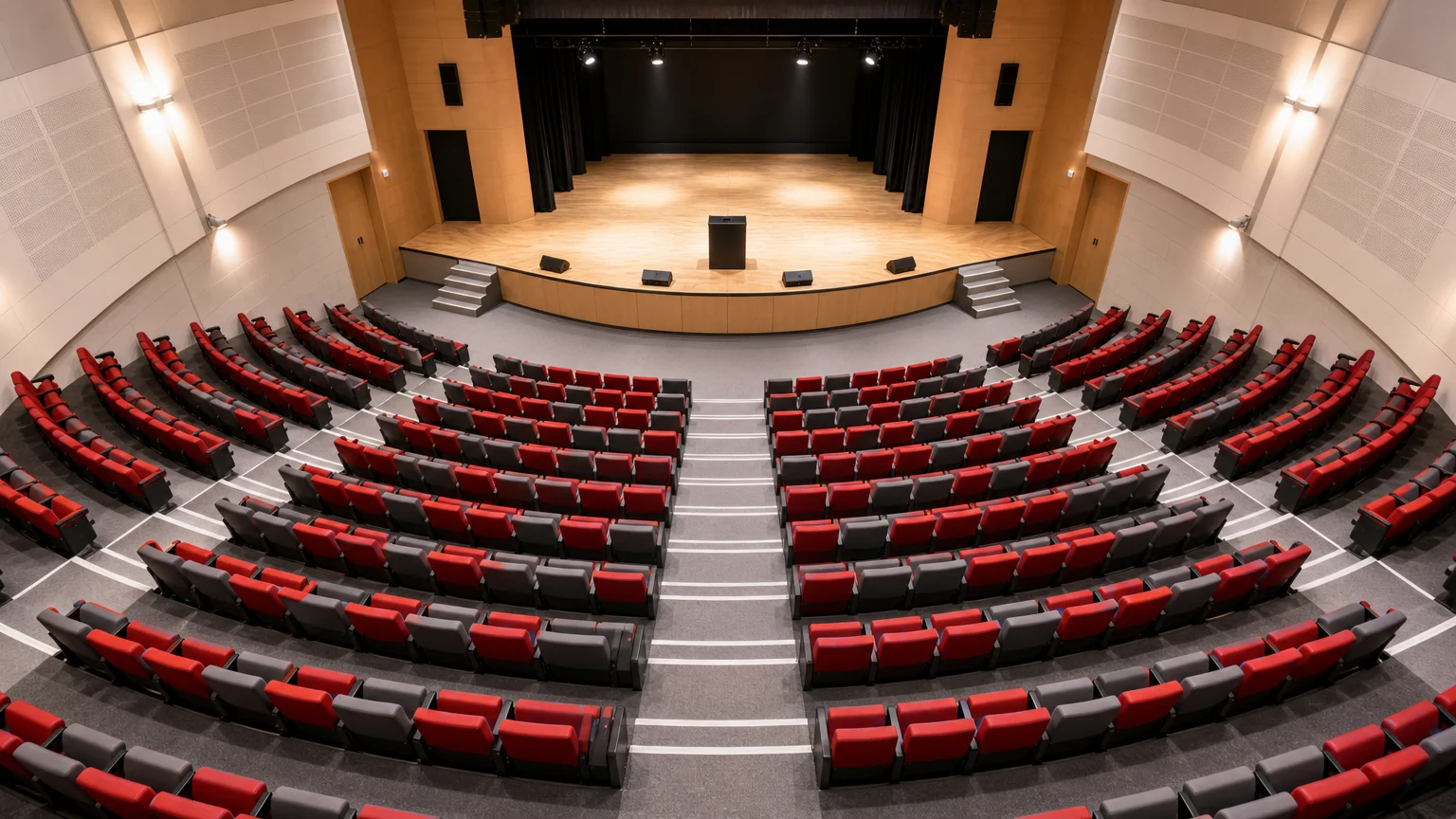 Vue en plongée d'un auditorium aux fauteuils rouges disposés en hémicycle autour d'une scène