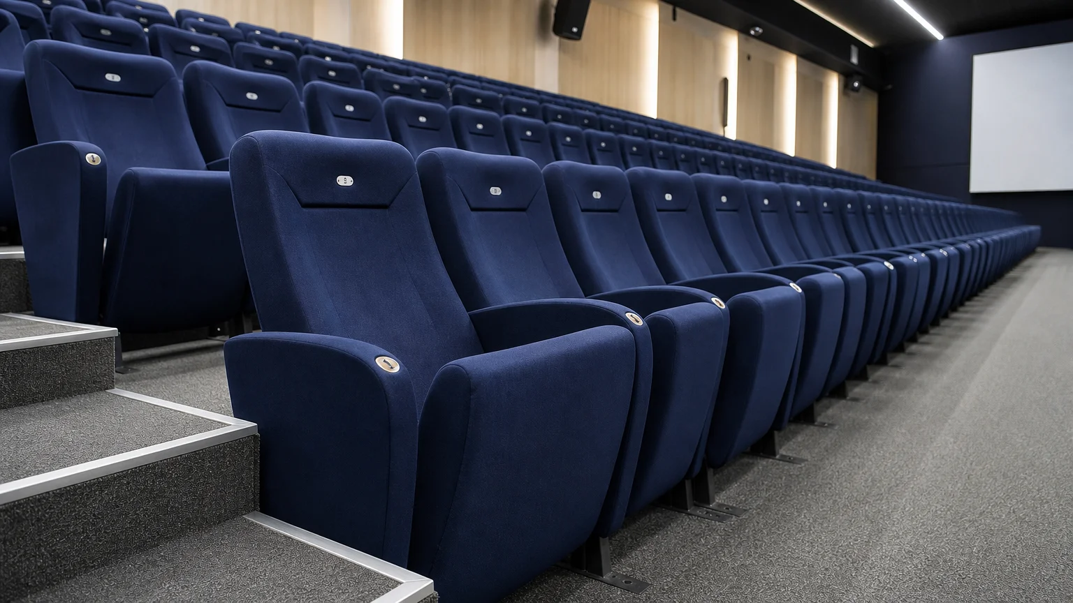 Sièges d'auditorium bleu nuit avec numérotation intégrée sur les dossiers