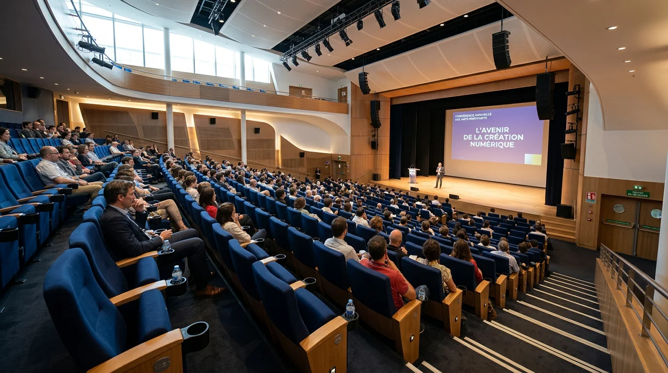 Rangées de fauteuils bleu nuit avec porte-gobelet dans un auditorium