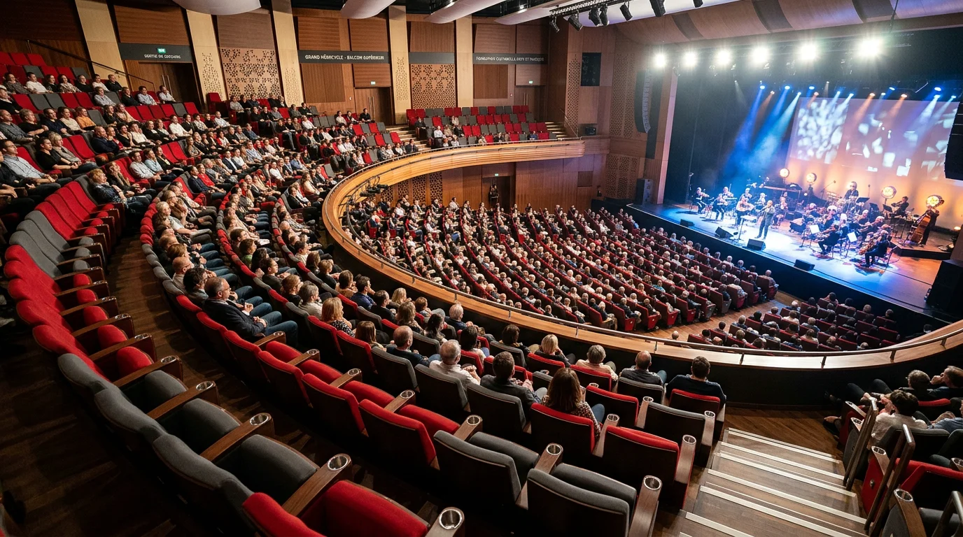 Vue en plongée d'un hémicycle avec fauteuils rouges et gris à porte-gobelet