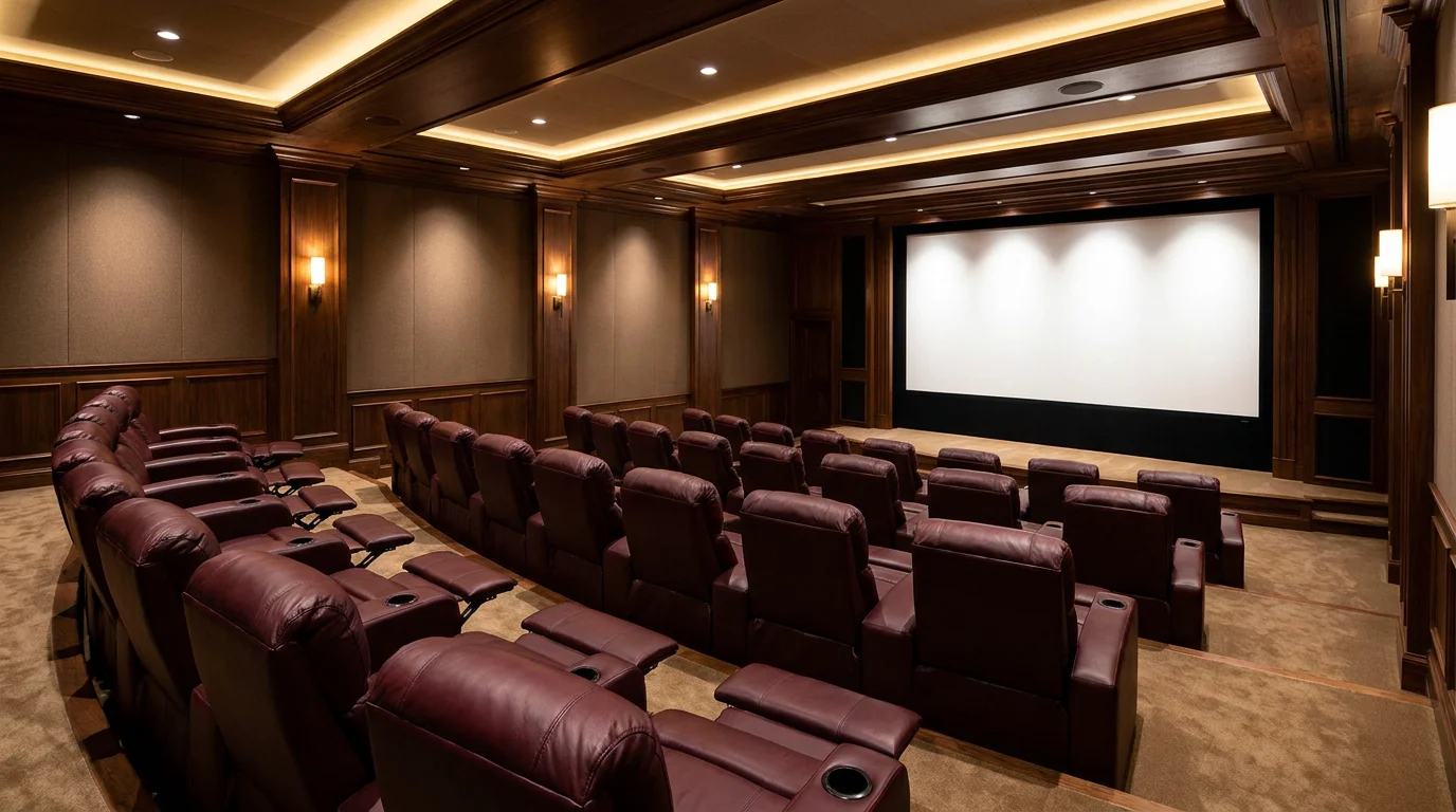 Rangées de fauteuils de cinéma inclinables bordeaux en gradins face à un écran