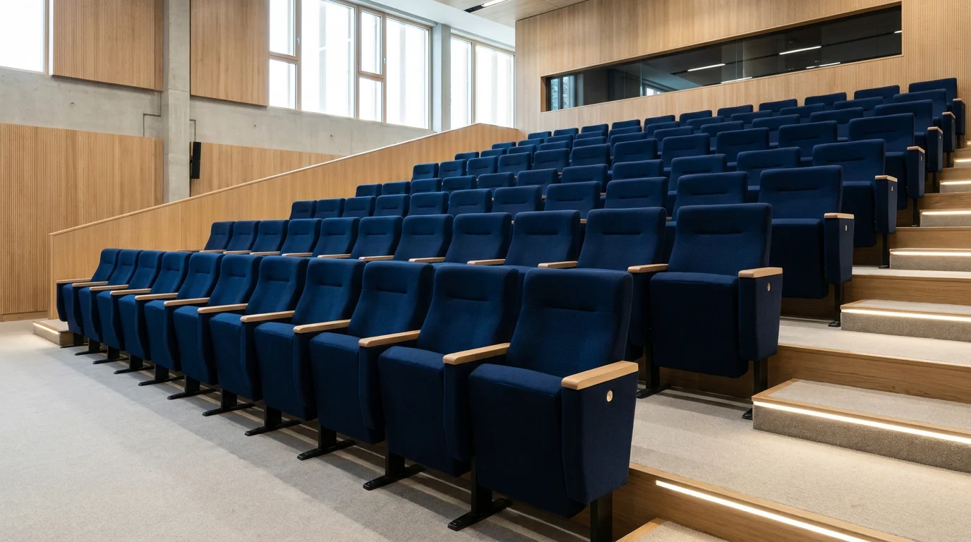 Fauteuils inclinables bleu nuit en rangées dans un auditorium moderne avec éclairage LED