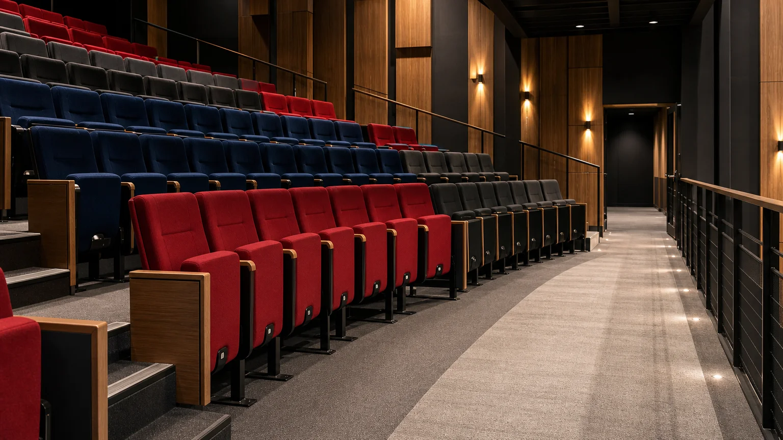 Vue latérale de banquettes fixes installées sur des gradins