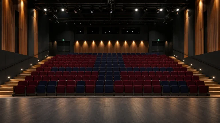 Vue depuis la scène d’une salle de théâtre équipée de fauteuils en velours bordeaux et bleu nuit