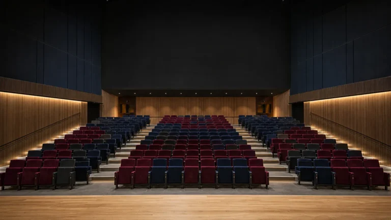 Vue depuis la scène sur des fauteuils d’auditorium en velours bordeaux et bleu nuit