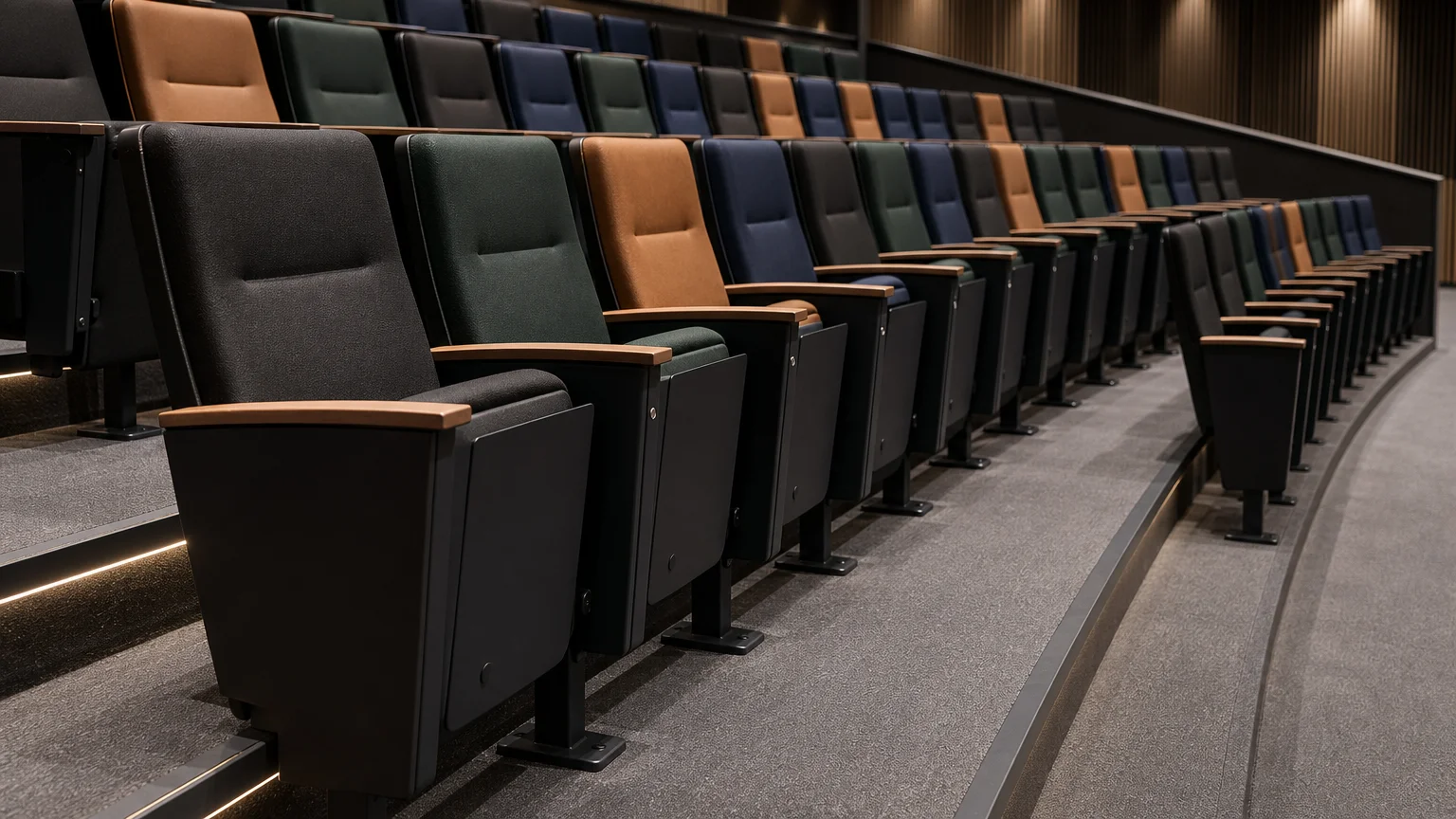 Vue latérale des gradins et des différents revêtements de fauteuils