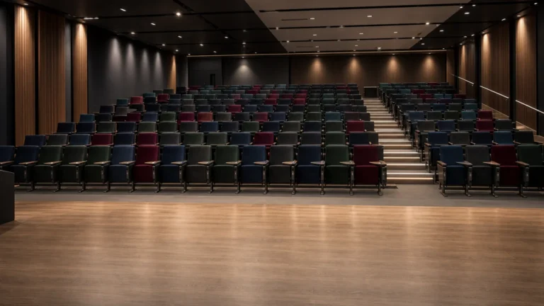 Salle de formation professionnelle avec rangées de sièges et tablettes écritoires