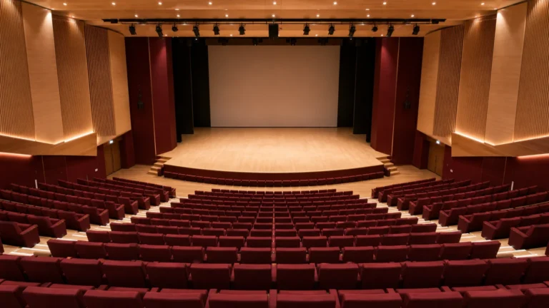 Rangées de fauteuils bordeaux et bois dans un auditorium de concert en gradins