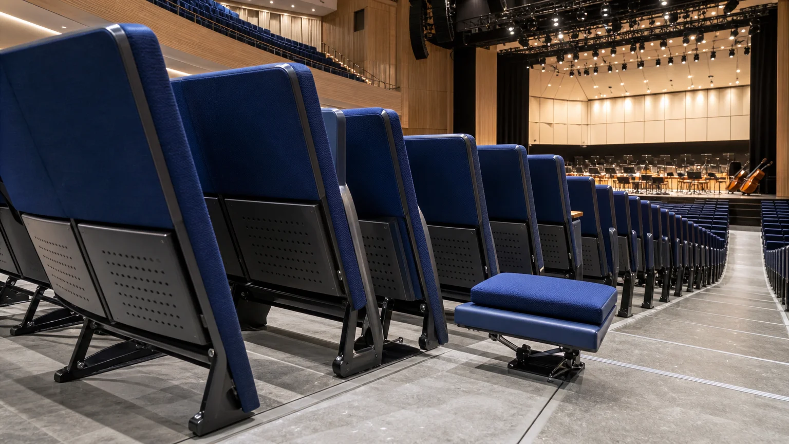 Vue latérale de fauteuils fixes rabattables bleu nuit dans une salle de concert