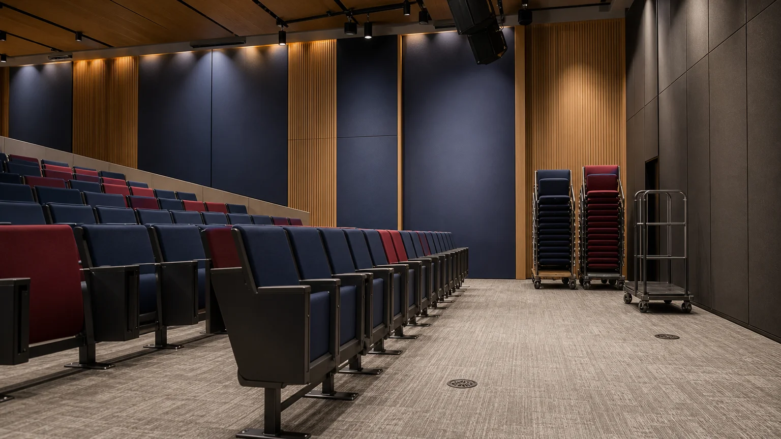 Profil de rangées de fauteuils modulables dans une salle polyvalente