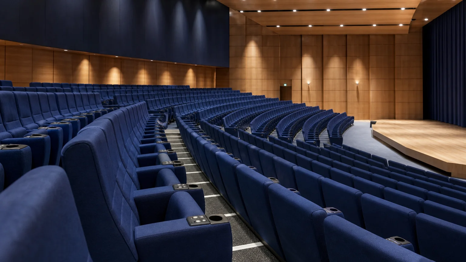 Vue latérale de fauteuils cinéma bleu nuit avec consoles et porte-gobelets dans un auditorium.