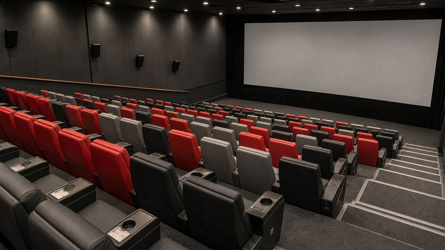 Vue en plongée d’une salle de cinéma avec fauteuils inclinés rouges et gris, consoles et passages entre les rangées.