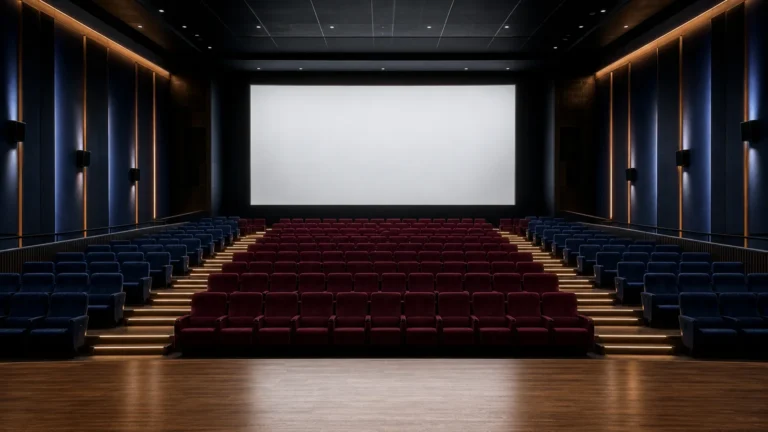 Auditorium de cinéma immersif vu depuis la scène avec fauteuils bordeaux et bleu nuit.
