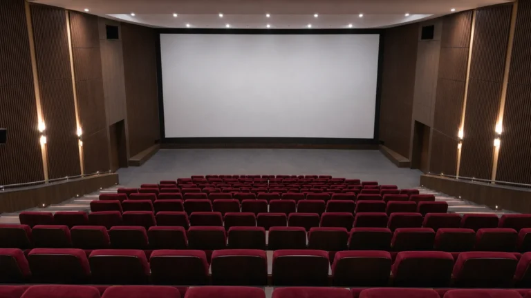 Rangées de fauteuils de cinéma bordeaux dans un auditorium éclairé