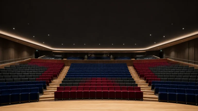 Vue depuis la scène d’un auditorium avec des rangées de fauteuils aux allées dégagées