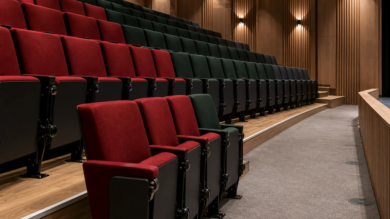 Vue latérale de rangées de sièges solidarisés dans une salle collective
