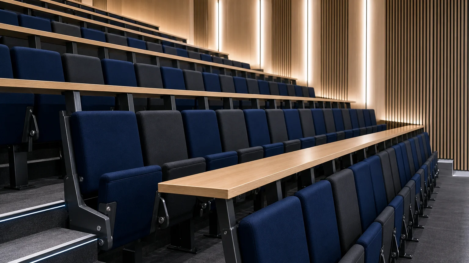 Vue latérale de sièges avec tables filantes installés sur des gradins