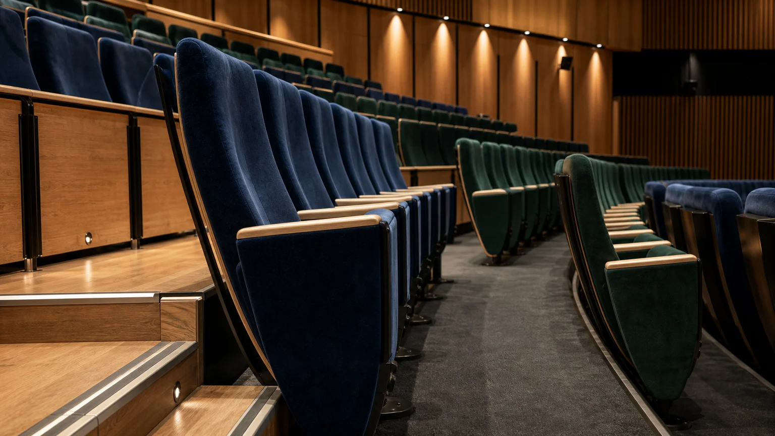 Vue latérale des rangées de fauteuils et des gradins d’un auditorium vide.